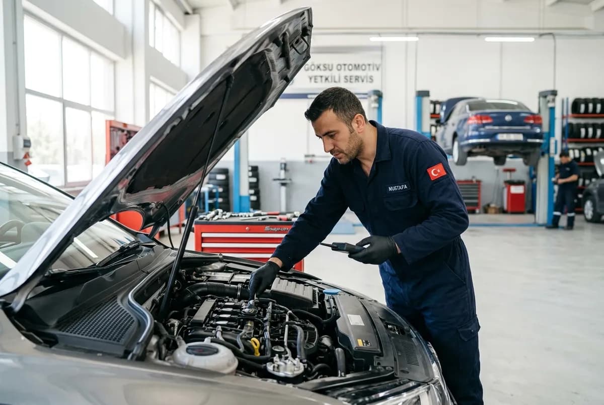 Araç ekspertiz raporu için lift üzerinde kontrol edilen ikinci el otomobil